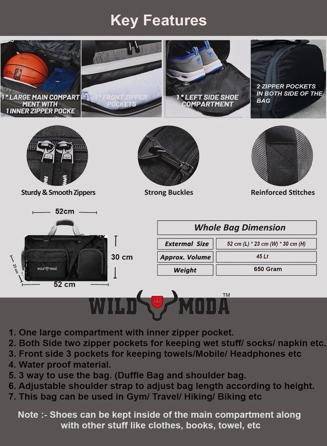 WILD MODA 45L FlexForce: All-in-One Travel, Trekking, Duffel Bag, Sports & Gym Bag (Black) - Image 5